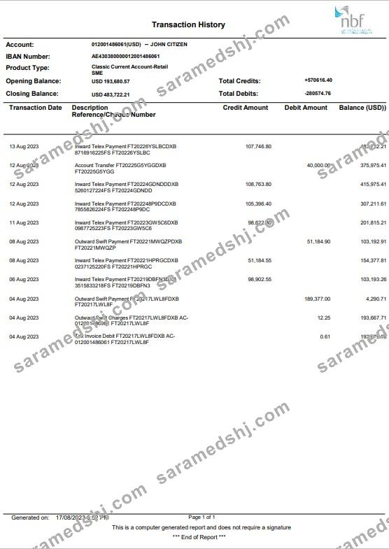 UAE NBF bank statement Word and PDF template